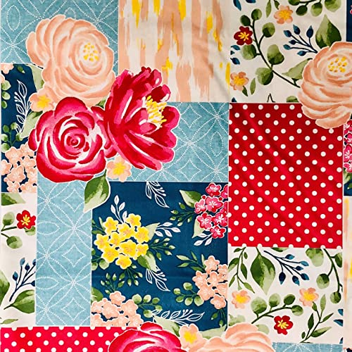 Mainstream International Vivid Springtime Peony Floral Patchwork Vinyl Flannel Back Tablecloth (52 X 70 Oblong), Red, Blue, Yellow, Pink, Green, White #TOP3