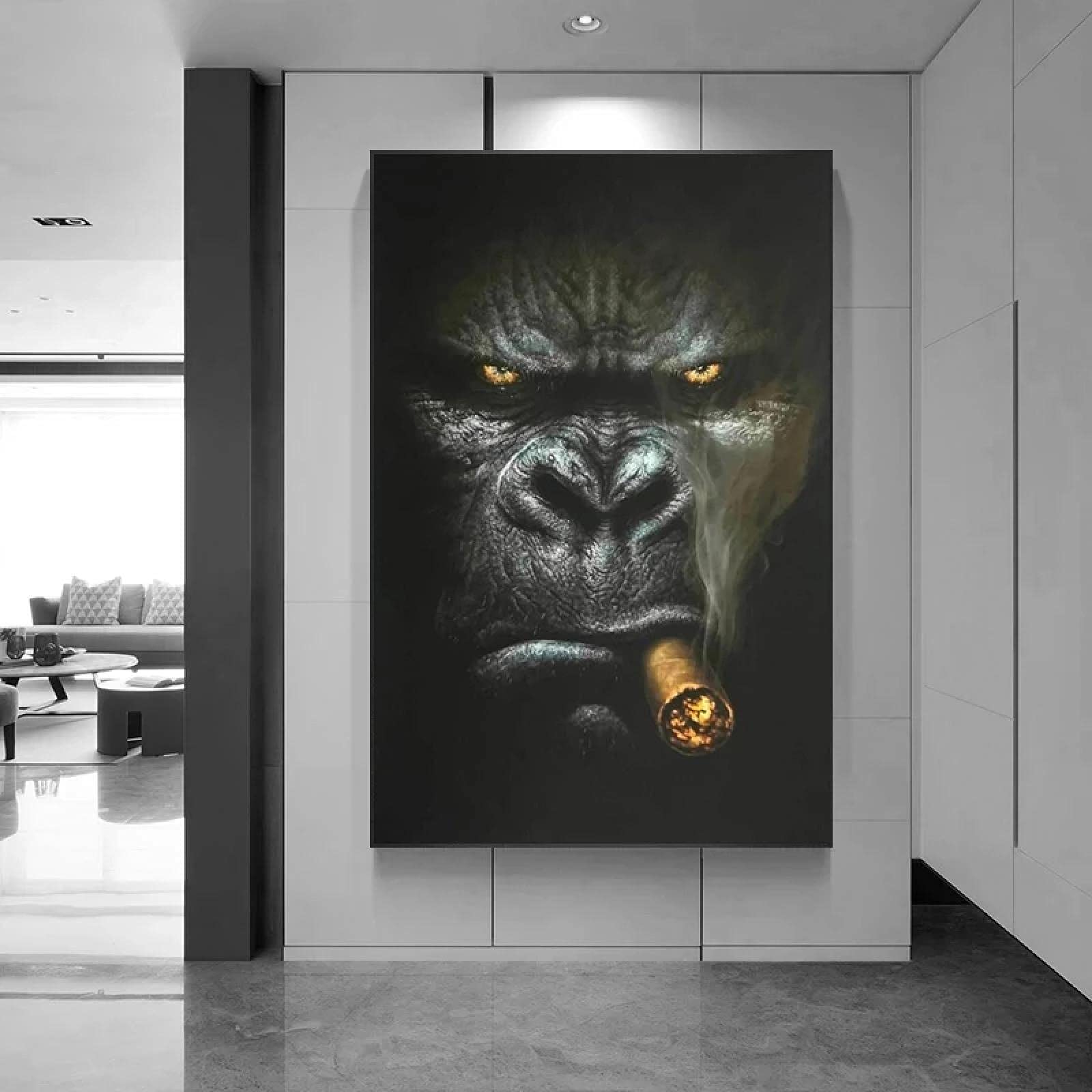 Gorille Fumer Cigare Animal Peinture Impression sur Toile Art Postes et Impressions Mur Art Photo pour Salon Peintures 50x70cm/20x28inx2pcs Sans Cadre