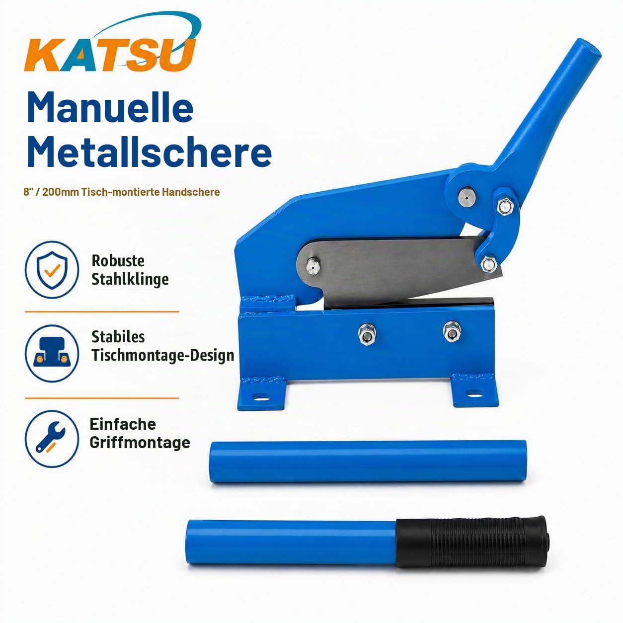 KATSU 200 mm Manuelle Platte Flache Metall Stahlblechschere Scheren, Heavy Duty präzises Schneiden, Metallschere Metall-Cutter Stangenplatte Scher schneidet Blech Rebar Runde Lager
