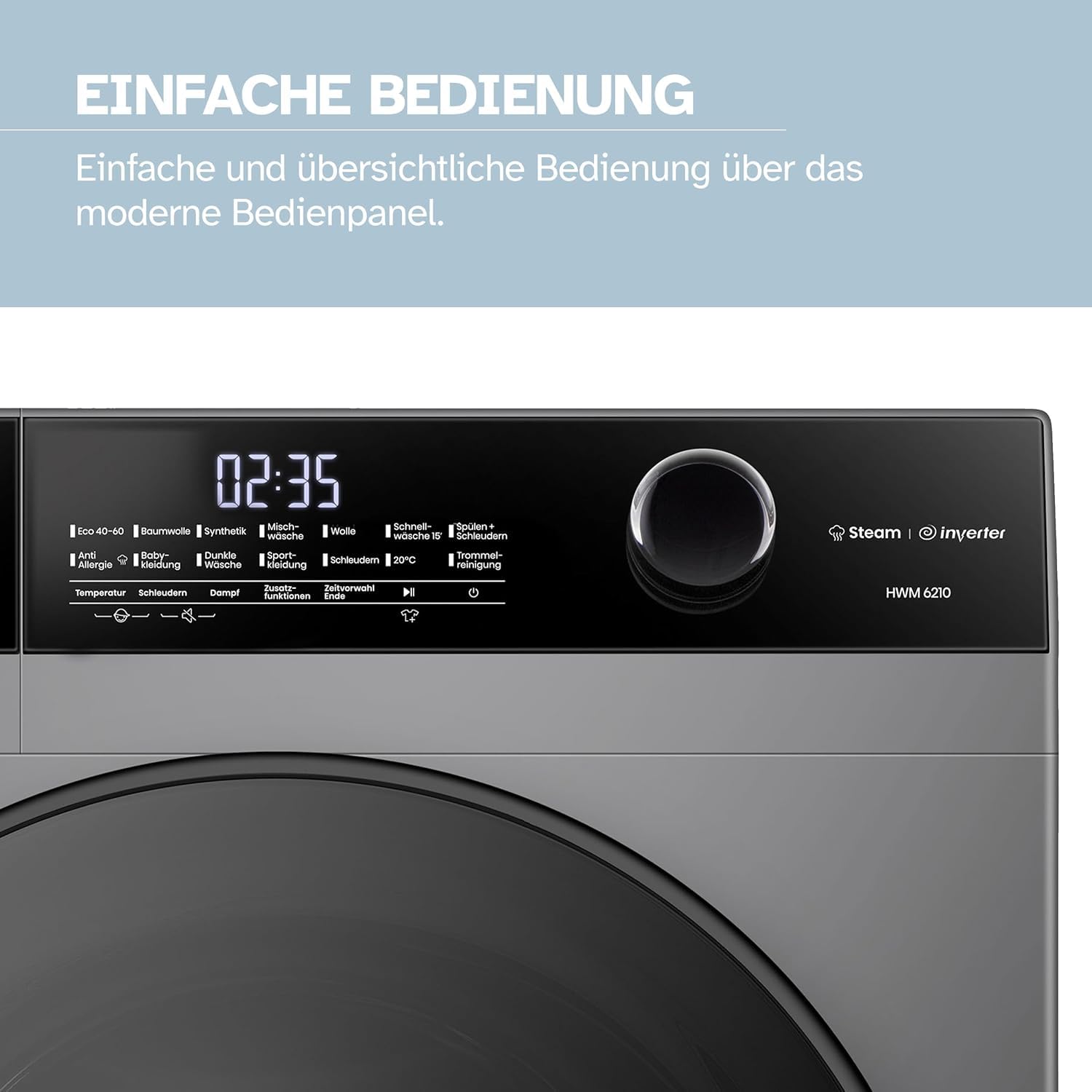 Heinrich´s Waschmaschine, Steam-Funktion, 10kg Mega Kapazität, 15 Programme, 1400 U/min., Aqua-Stop, LED-Display, Endzeitvorwahl, mit Kindersicherung, langlebiger und leiser Inverter Motor,Titan-Grau - 5