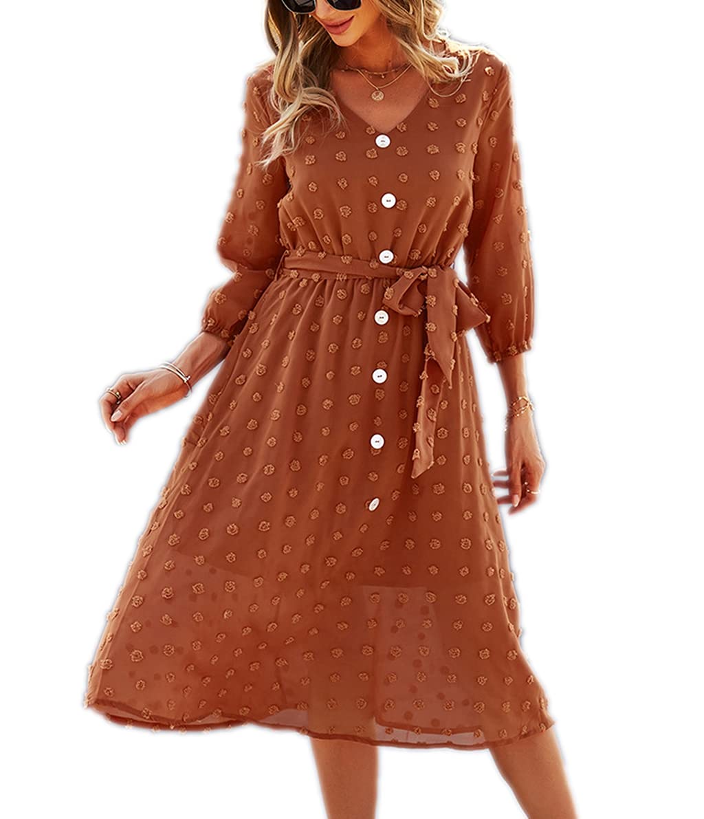 YOXUAWomen's Casual Dresses 3/4 Sleeve V Neck Button Tie Waist Solid Color Swiss Dot A Line Tunic Sundress