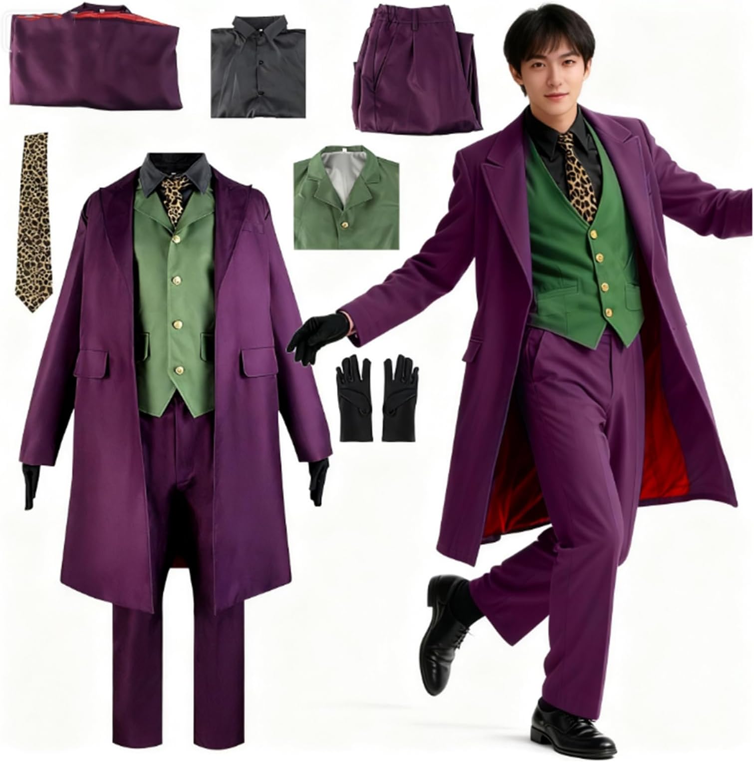 Men's Cosplay Costume, Costume with Purple Coat, Green Vest Trousers, Halloween and Carnival Costumes, Size XXL