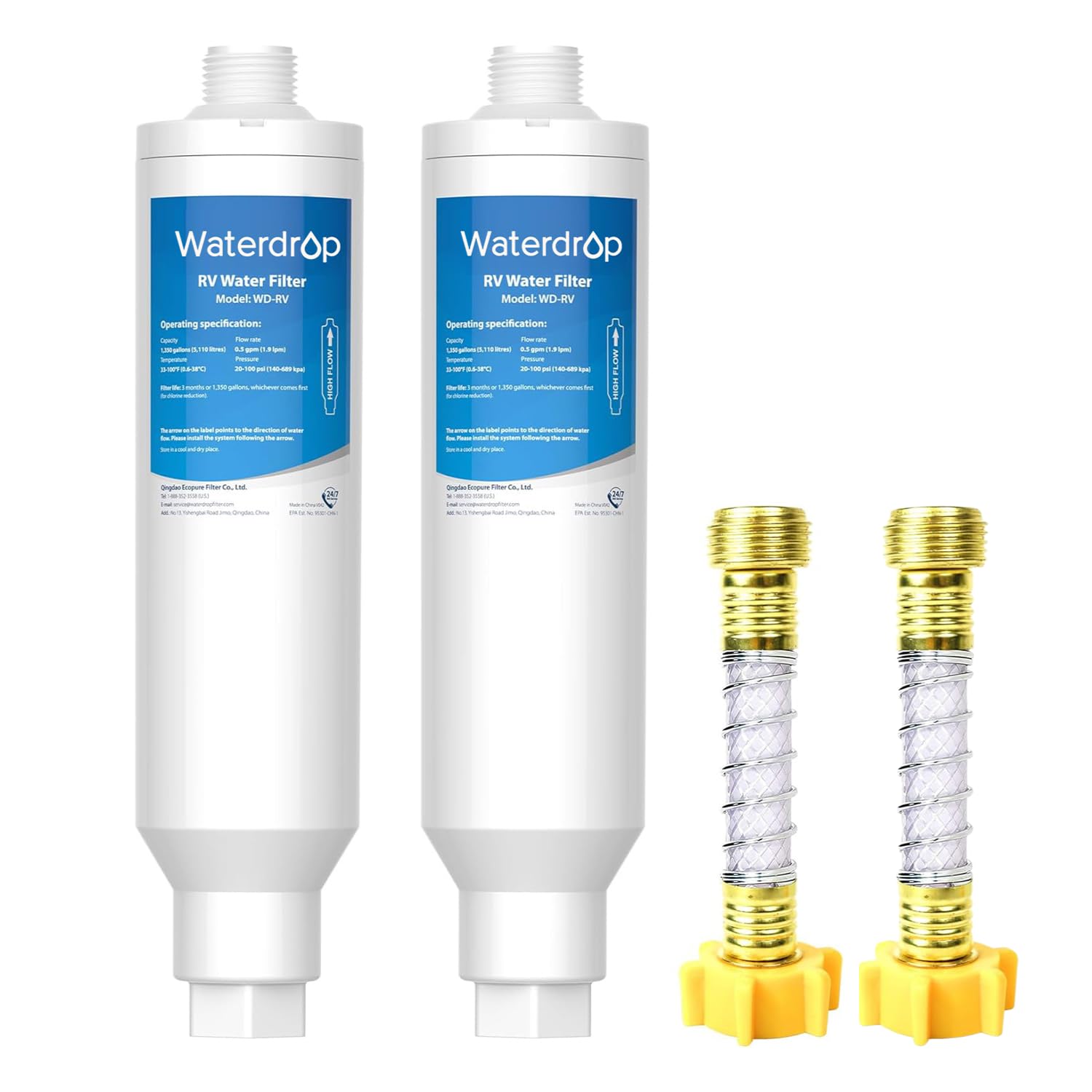 RV Water Filter, NSF Certified, Reduces Chlorine, Bad Taste, Odor, 2 Pack, Flexible Hose Protector