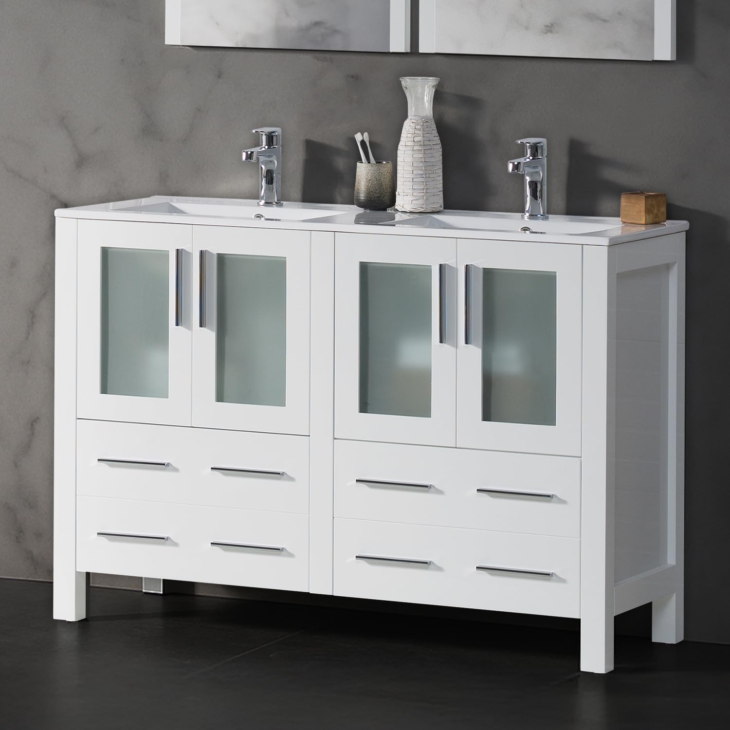 Blossom 48-Inch Solid Wood Bathroom Vanity with Double Ceramic Sinks | Freestanding Vanity Sink Cabinet | Soft-Close Drawers & Tempered Glass Doors (
