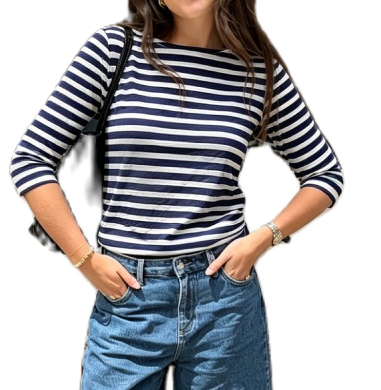 Women's 3/4 Sleeve Striped Boat Neck T Shirts Classic French Breton Stripe Casual Tee