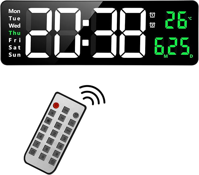Fuloon Digital Wall Clock, 16.2-inch Large Display Digital Alarm Clock, Adjustable Brightness LED Digital Clock with Remote Control, Countdown Clock with Date, Week, Temperature(Plug In Electricity)