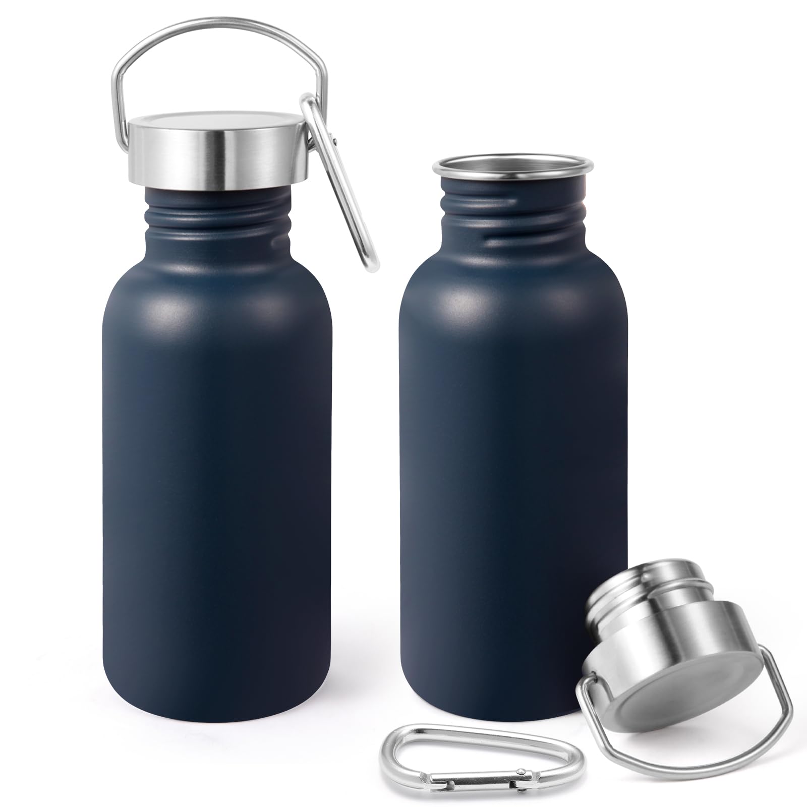 Volhoply 500ml Uninsulated Single Walled Water Bottles 2 Pack, Stainless Steel Sports Water Bottle with Handle & Carabiner, BPA Free 18/8 304 Reusable Water Flask for Camping Hiking Biking (Navy,2)