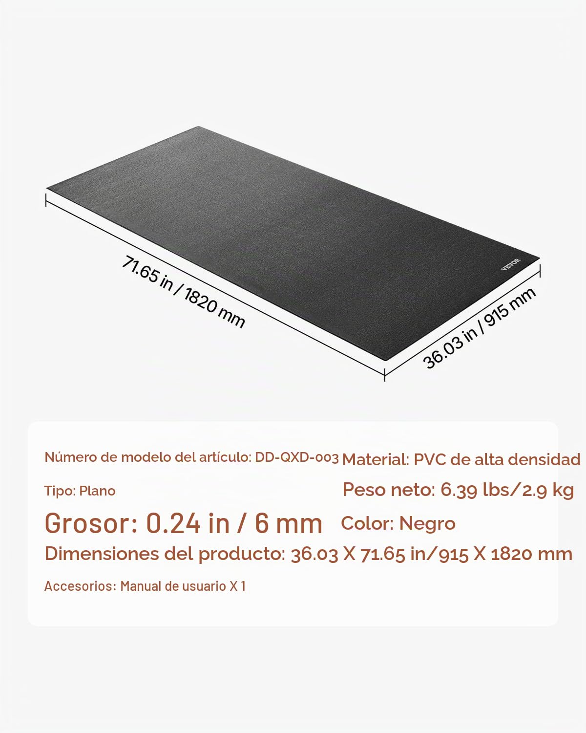 VEVOR Alfombrilla para Cinta de Correr, PVC de Alta Densidad, Impermeable y Antideslizante, Absorción de Impactos, Reducción de Ruido, Ideal para Gimnasios en Casa y Fitness, 915 x 1820 x 6 mm