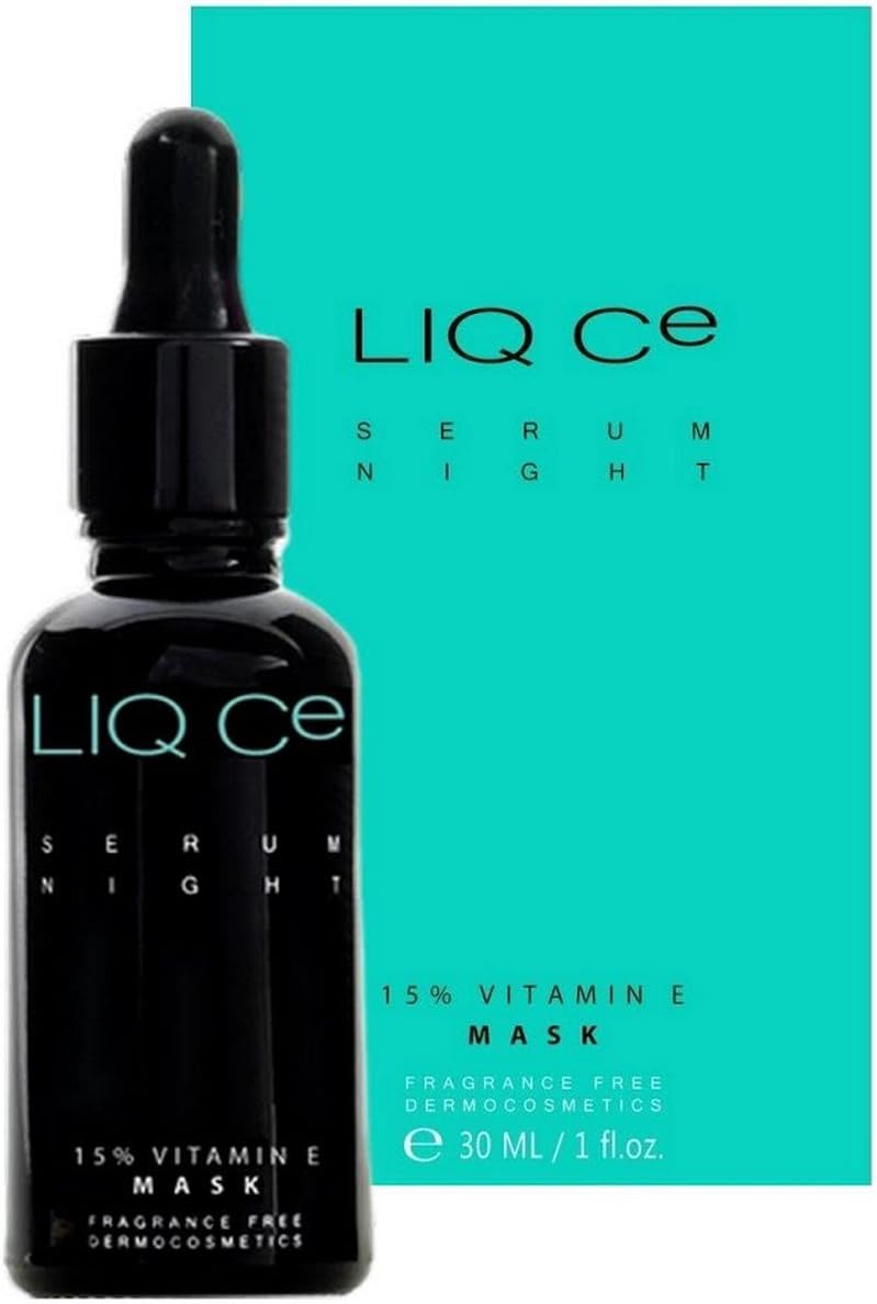 VITAMIN E SERUM NIGHT MASK for Face and Neck LIQ Ce. All skin types. 15% Vitamin E + Hyaluronic Acid + Xylitol, Anti-Aging, Anti Wrinkle, Firming, Nourishing, Smoothing and Moisturizing Antioxidant Premium Concentrate, Improves Skin Appearance and Texture, Lightens Dark Spots and Scars, Treats Sunburns, Boosts Collagen Production, Soothes Irritations, Reduces Fine Lines and Wrinkles, Perfect for Dry, Dehydrated, Sensitive, Tired, Damaged and Premature Aging Skin, Low pH, 30ml, 1oz