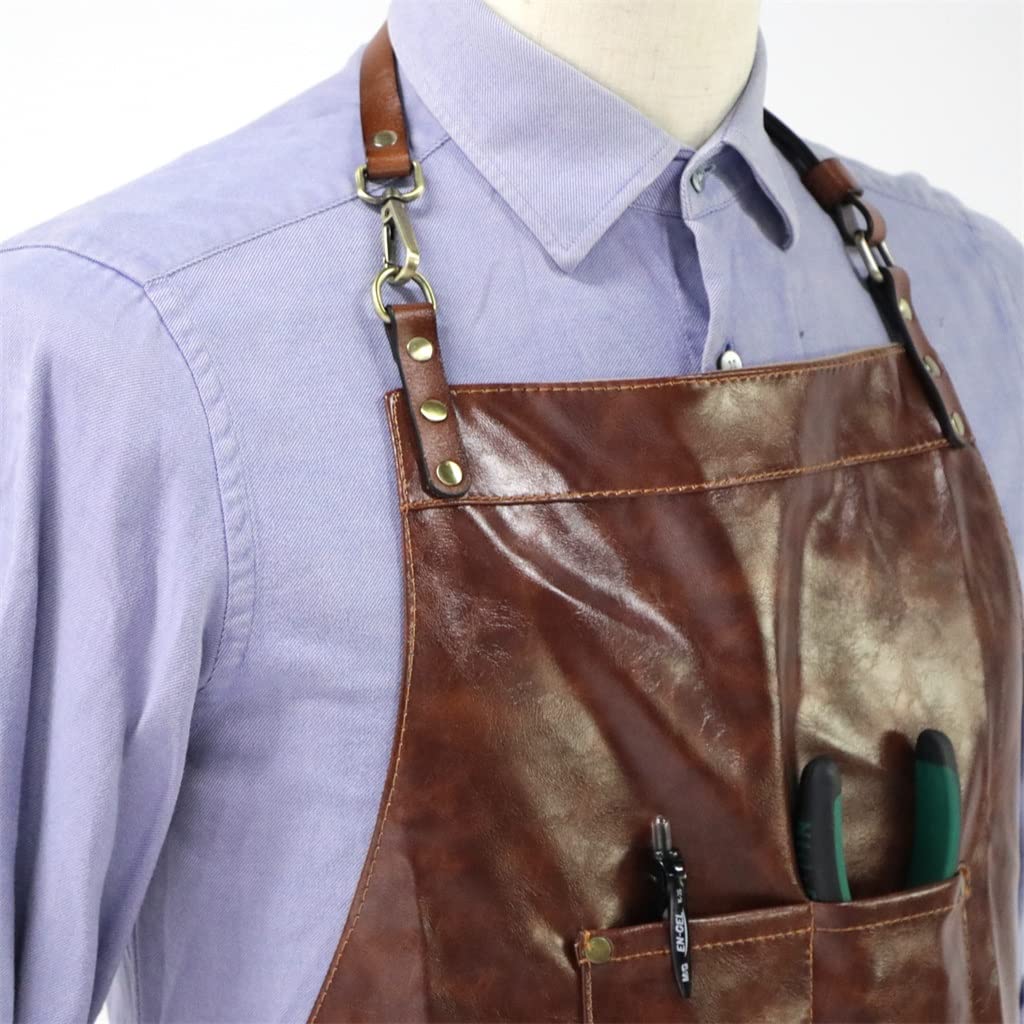 Delantal con Peto Delantal de Cuero Mono de Trabajo de Cuero de Microfibra Cinturón de Cuero Delantal de Trabajo Flexible (Color : Brown, Size : 59x75cm)