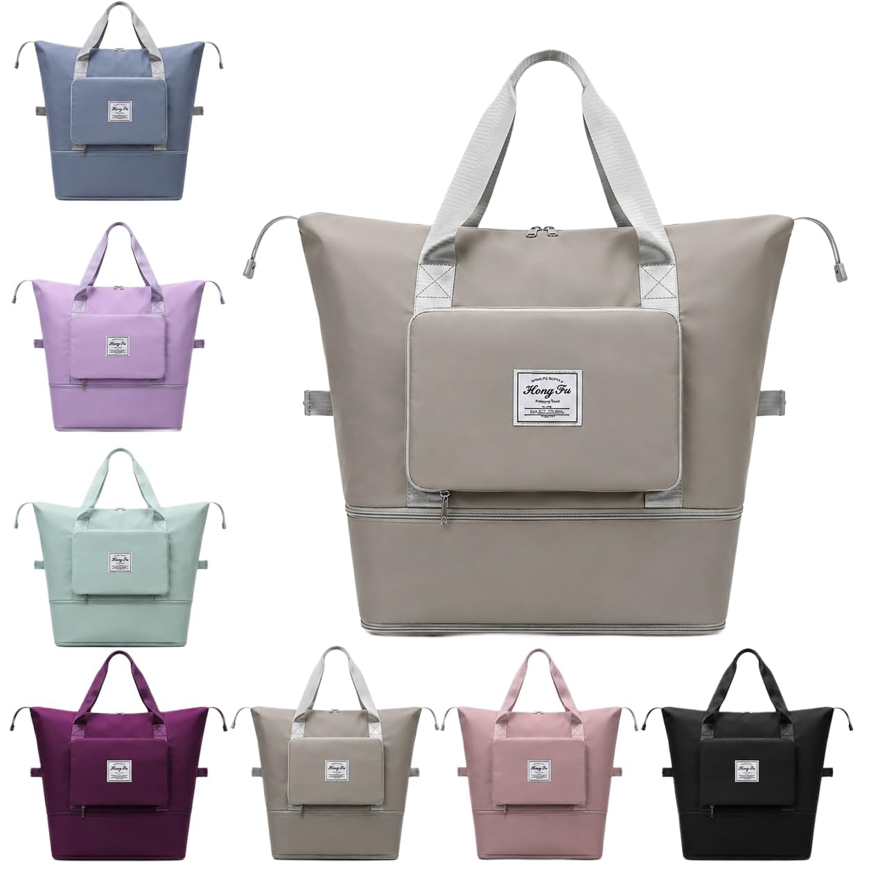 Expandable Travel Duffle Bag for Women, Foldable Waterproof Weekender Bag with Bottom Shoe Compartment, Lightweight Carry-On Luggage Tote, Large Capacity Overnight Gym Bag, Light Grey-image-37