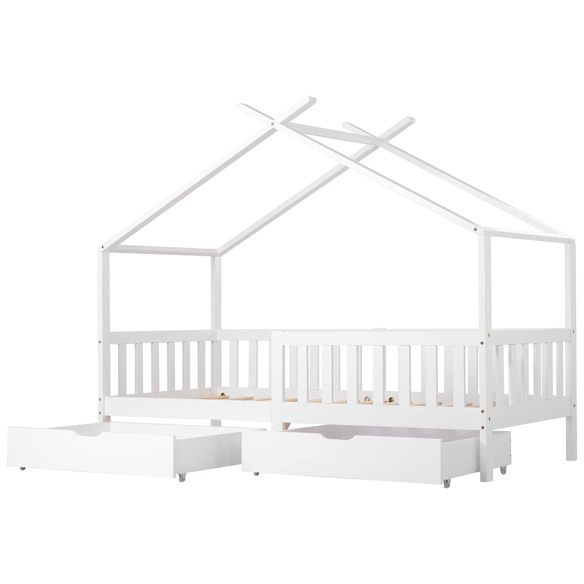 ModernLuxe Cama para niños 90 x 200 cm, Cama Infantil con cajones y Somier Estructura de Madera Pino En diseño de Casa con Reja de Seguridad Protección Blanco (sin colchón)