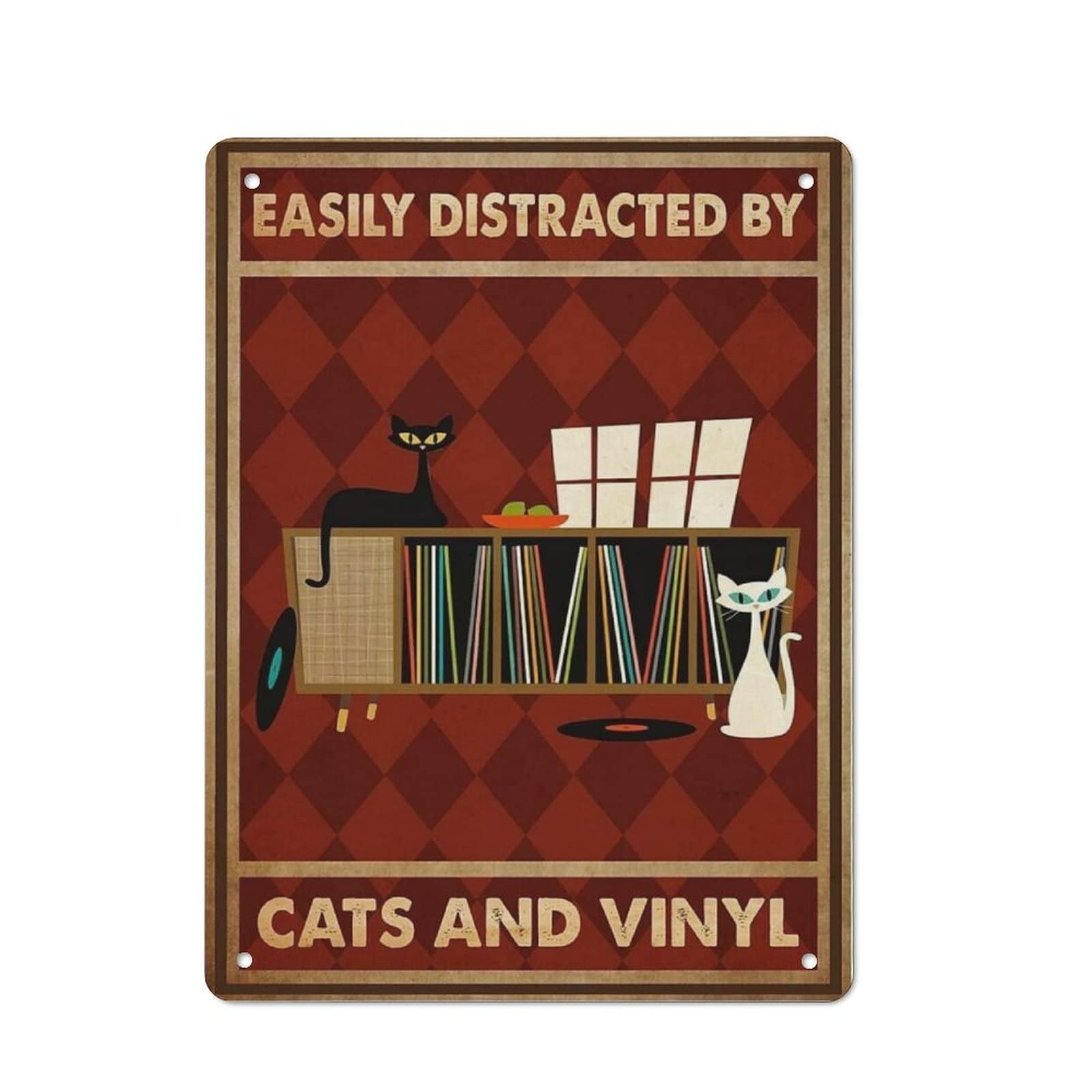 AOOEDM Easily Distracted By Cats And Vinyl Vintage Tin Sign Metal Tin Signs for Man Cave Funny Art Wall Plaque Kitchen Bar Pub Coffee Shop Wall Decor