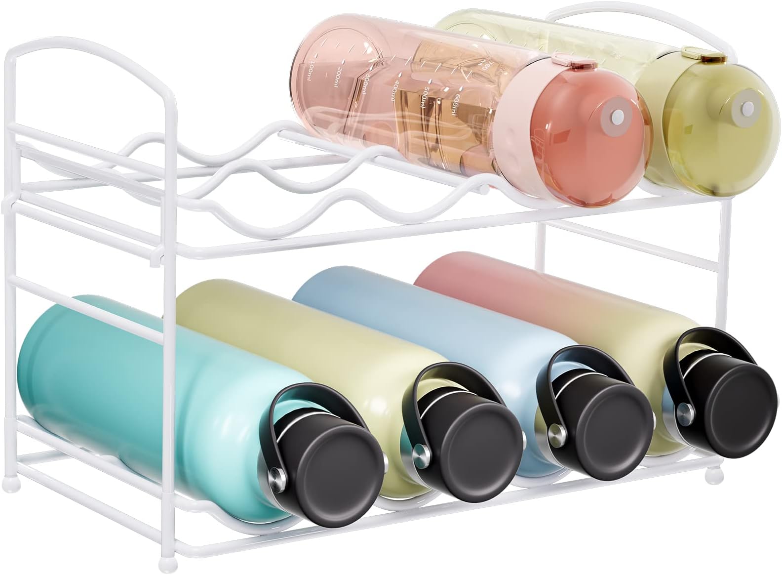 Puricon 1 Pack Water Bottle Organizer for Cabinet, Adjustable Water Bottle Storage Rack for Tumbler Sports Flask Insulated Travel Mug, Water Bottle Shelf Organizer Holder for Kitchen Countertop-White