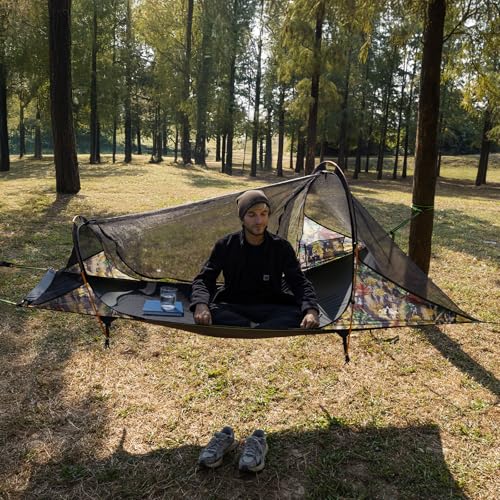 Image of Night Cat Flat Lay Hammock Tent: Portable Lightweight Camping Hammock with Mosquito Net Waterproof Rainfly for Adults 1 Person Outdoor Camping Camouflage