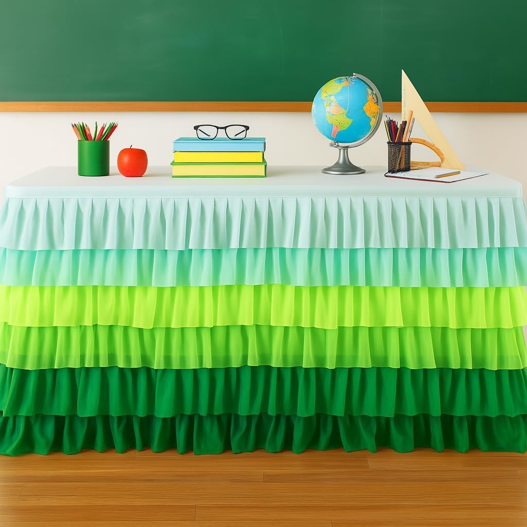 Teacher Desk Skirt 6ft x 30in – Ruffle Table Skirt for Classroom, 100D Chiffon Fabric Back to School Desk Curtain Fabric, Teacher Table Decoration(Purple Ombre)