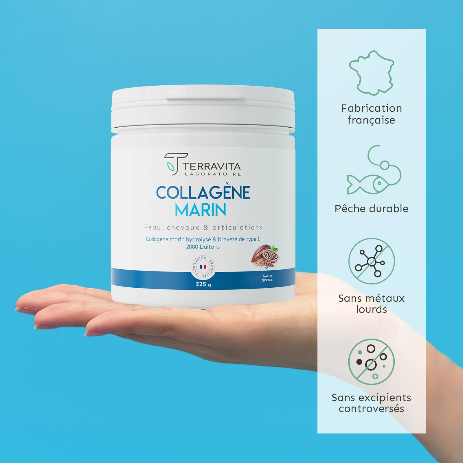 COLLAGÈNE MARIN Breveté en Poudre | 325 Grammes de Peptides de Collagène Purs de Type 1 | Articulations Souples, Peau Lisse et Hydratée | Goût Chocolat | Filière 100% Française | Terravita