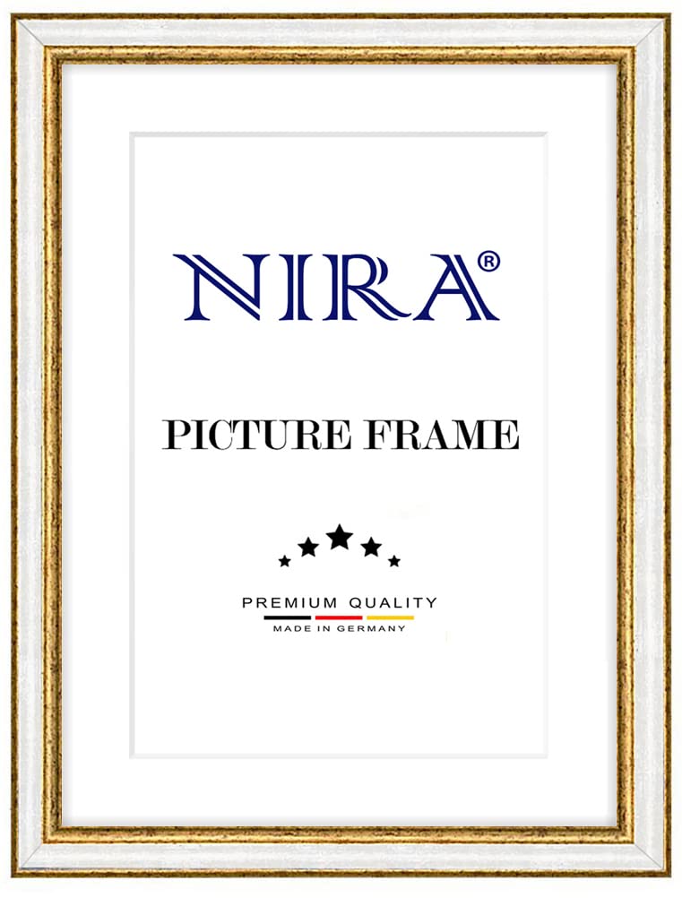 NiRa Massiv Holz Bilderrahmen 42 x 59,4 cm DIN A2 in Alt-Weiß Gold | Farbe und Größe wählbar | Rahmen für Poster | Puzzle | Foto collage HD108