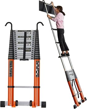 Outdoor Aluminum Telescoping Ladder 20ft / 23.6ft / 25ft / 26ft Telescoping Ladder with Hooks & Stabilizer Bar, Aluminum Telescopic Foldable Extension Ladder for Rooftop RV Attic Home Outdoor, Load 15