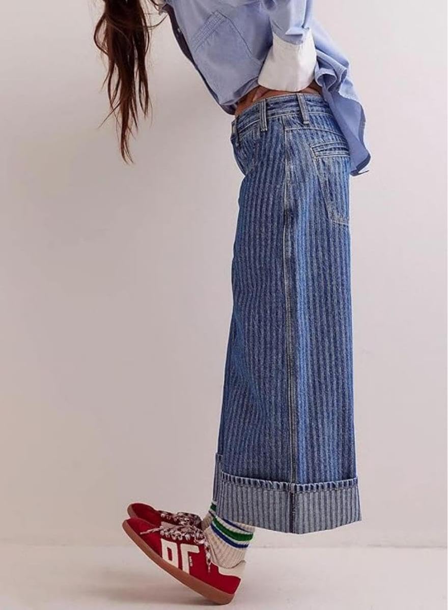 yoeasy Womens Striped Wide Leg Jeans Mid Rise Baggy Boyfriend Trendy Loose Fit Causal Denim Pants Trousers