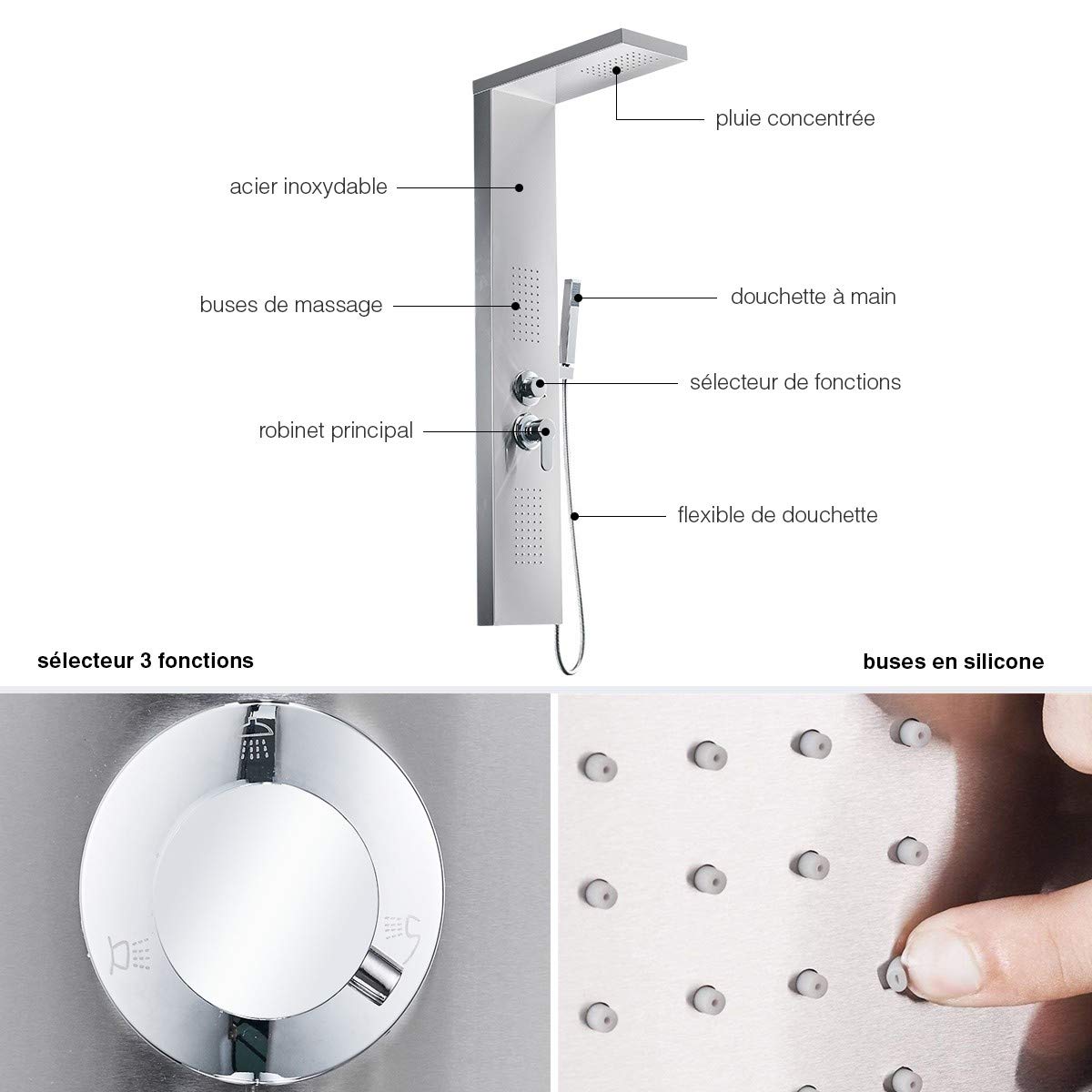 ZENY Colonne de douche hydromassante 3 jets Gris