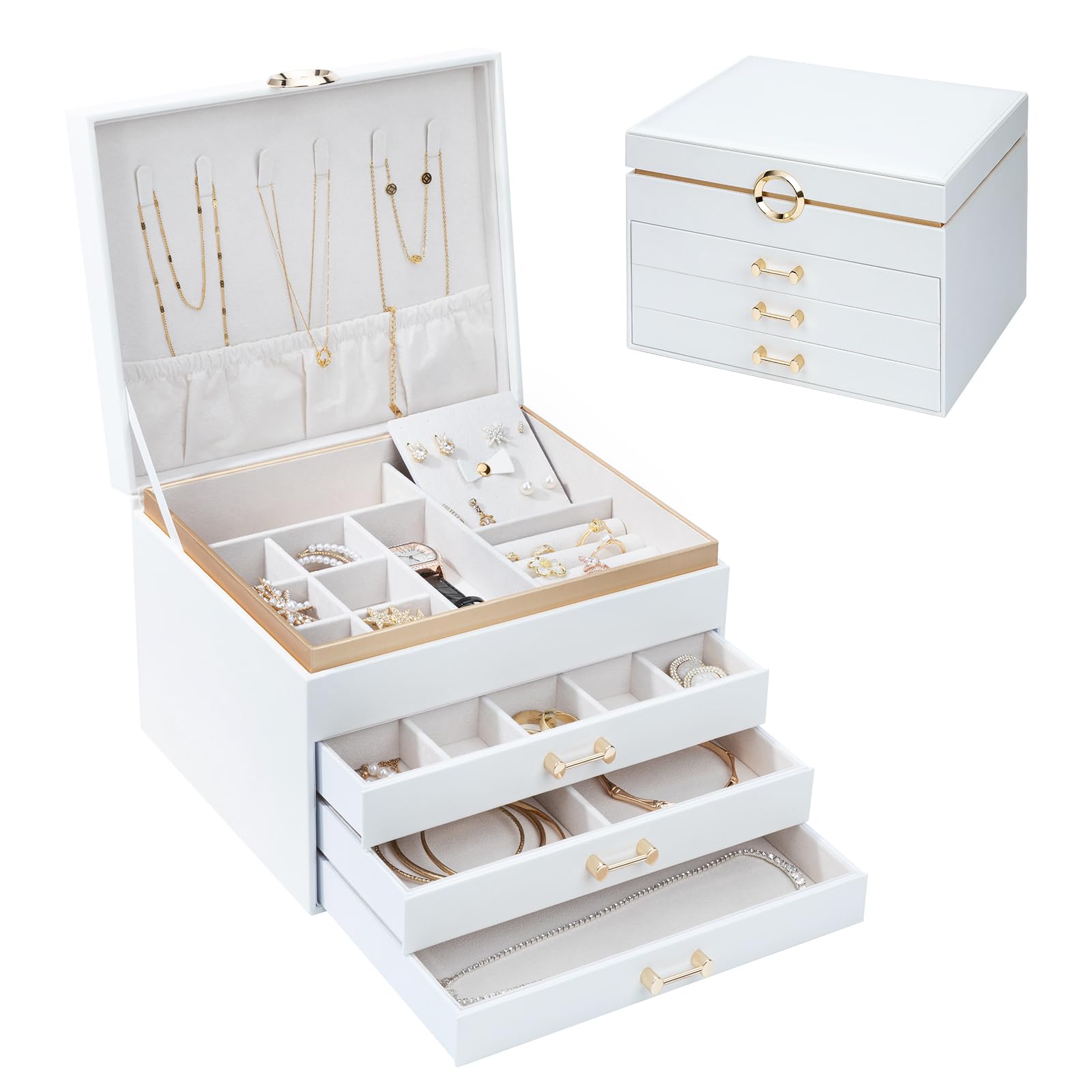 Portagioie da donna, organizer per gioielli in pelle a 4 strati con 3 cassetti, grandi scatole per gioielli, molto spazio per anelli, collane, bracciali, orecchini (bianco)