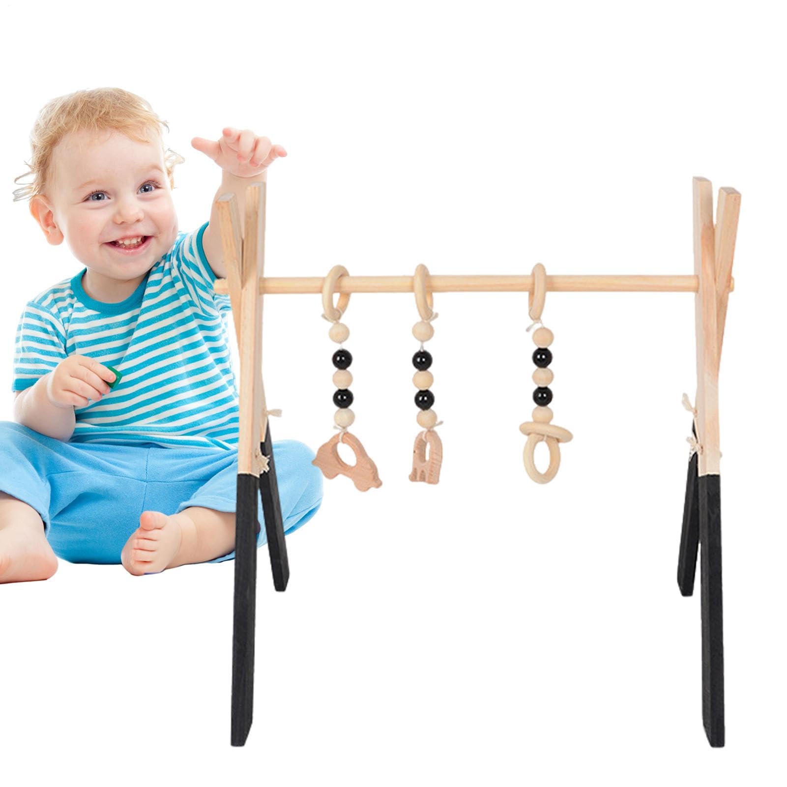 Wooden Child Gym Arch - Foldable Wooden Frame with Hanging Sensory Toys for Newborns | Play Arch Activity Center to Boost Grasping & Crawling Skills | Easy Assembly for Nursery Room, Living Room