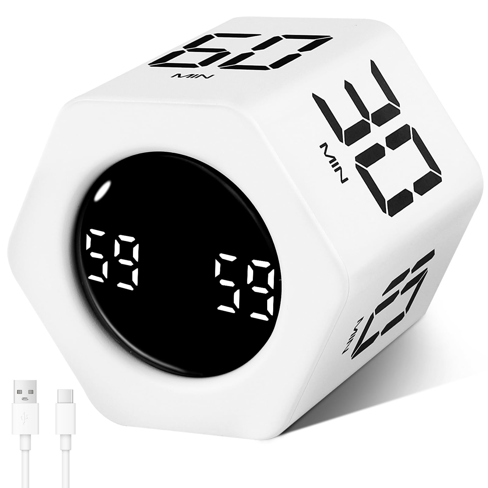 Cuteefun Hexagon Digital Productivity Timer, Rotating Pomodoro Timer with Gravireceptor 1-5-10-30-60 Min Countdown, Vibrate&Adjustable Volume Alert, Ideal for Meetings, Classroom, Kitchen, White