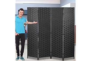4 Panel, 6 ft Foldable Room Divider with Woven Wood Mesh Design in Black
