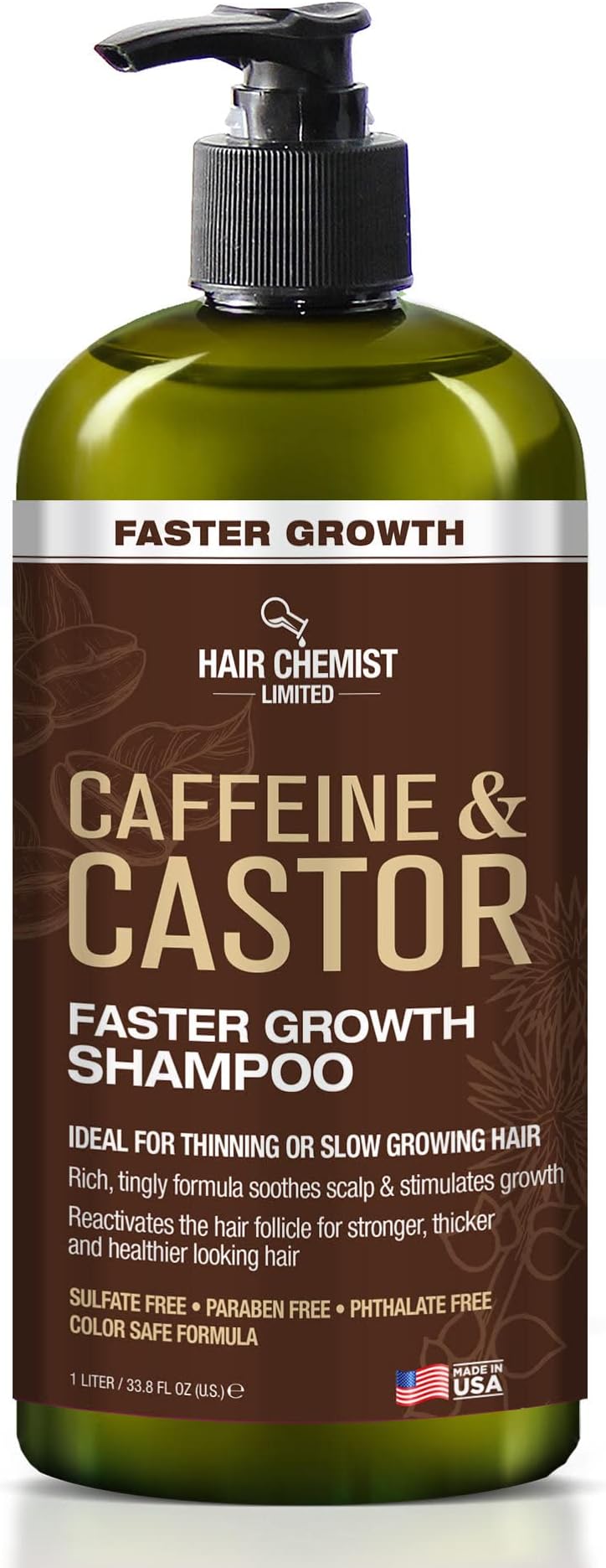 Caffeine and Castor Faster Growth Shampoo 33.8 oz. - Hair Shampoo for Faster Hair Growth, Sulfate Free Shampoo