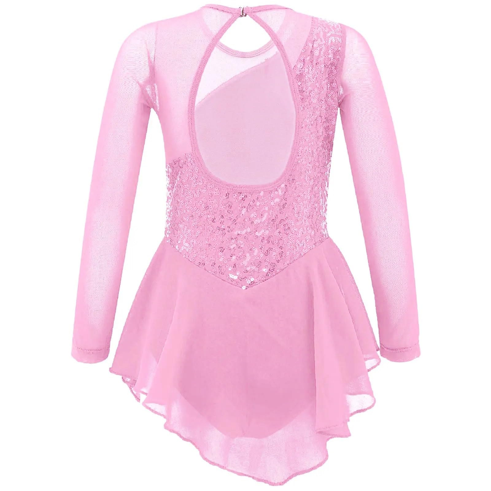Gymnastikanzug Mädchen Pailletten Gymnastik Trikot Kleid Mesh Lange Ärmel Bühne Leistung Ballett Dancewear Figur Eislaufen Tanz Kostüm(Pink,6)
