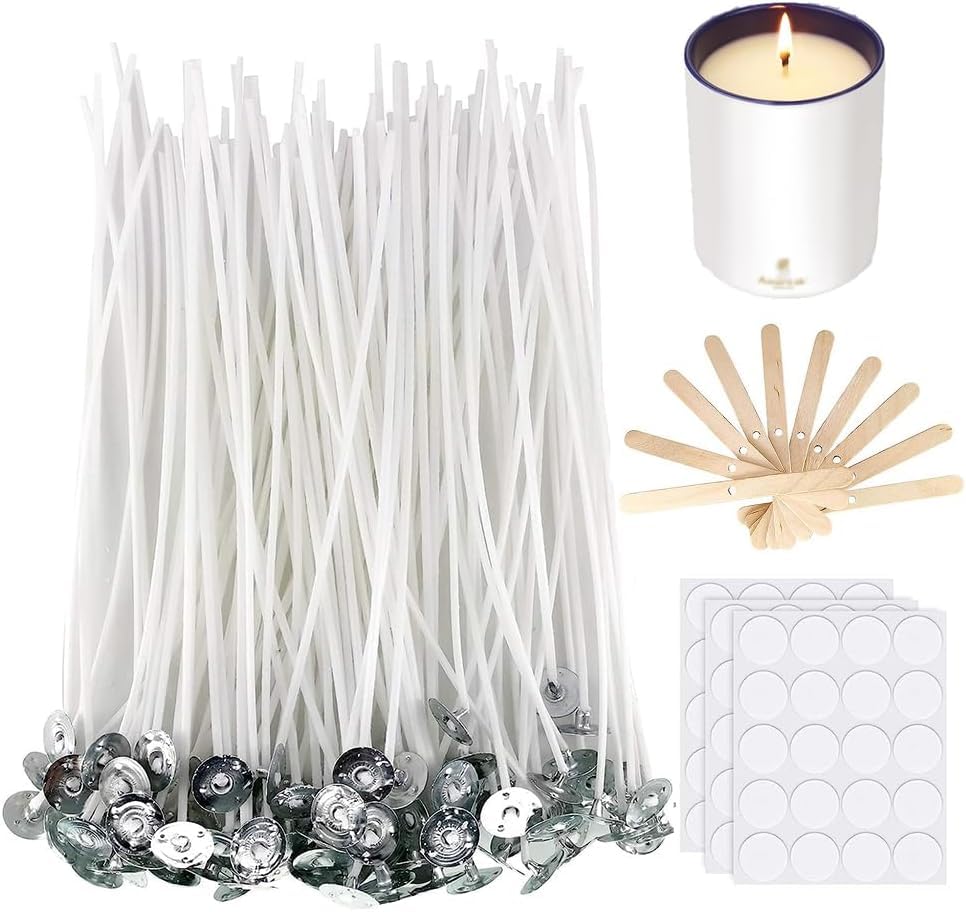 Candle Wicks 100 Pcs 6 inch with 40Pcs Candle Wick Stickers and 100 Pcs Wooden Candle Wick Centering Device for Soy Beeswax Candle Making and Candle DIY