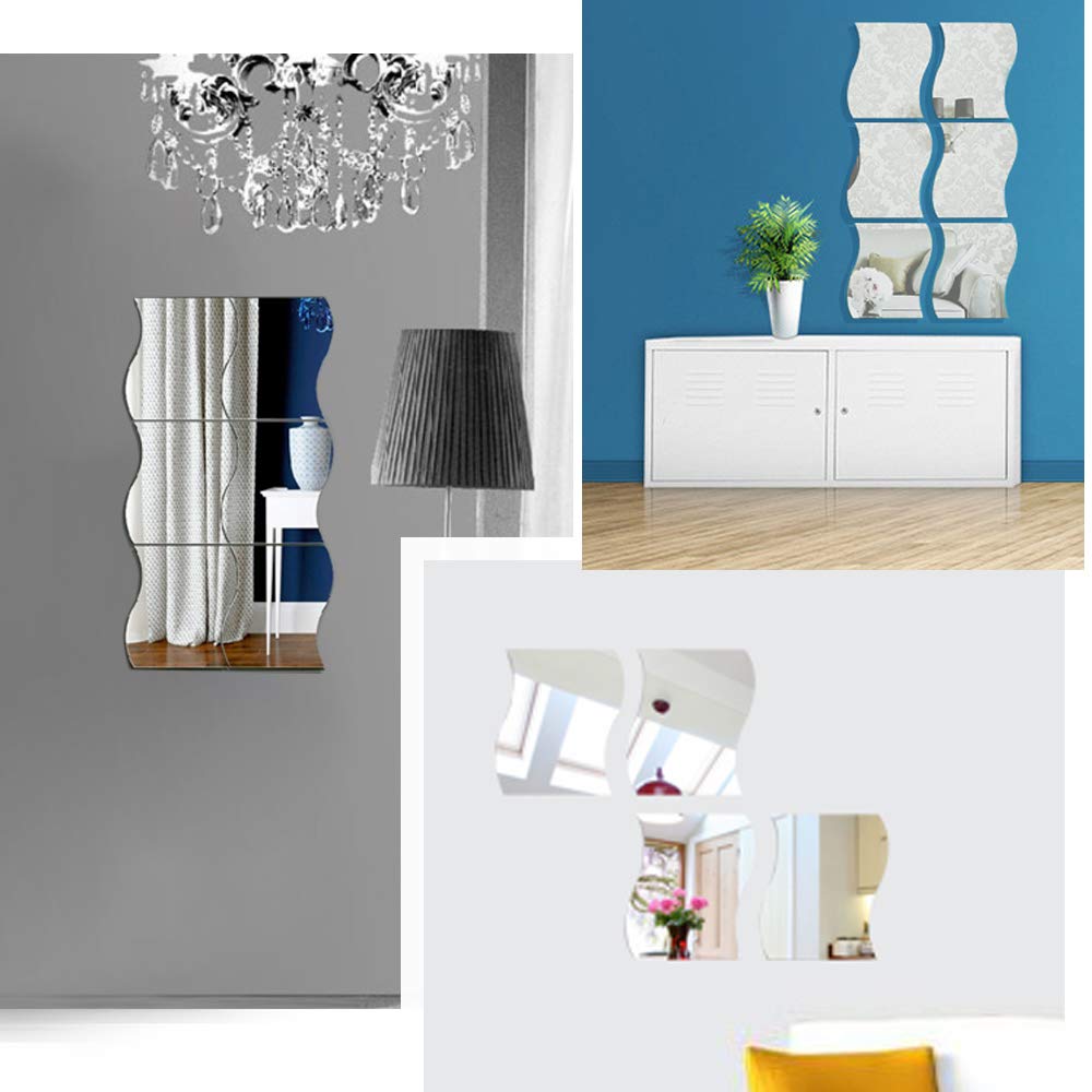 6 Specchi Adesivi A Forma D'Onda - Argento, 20x20cm Per Bagno E Soggiorno - Foto 5