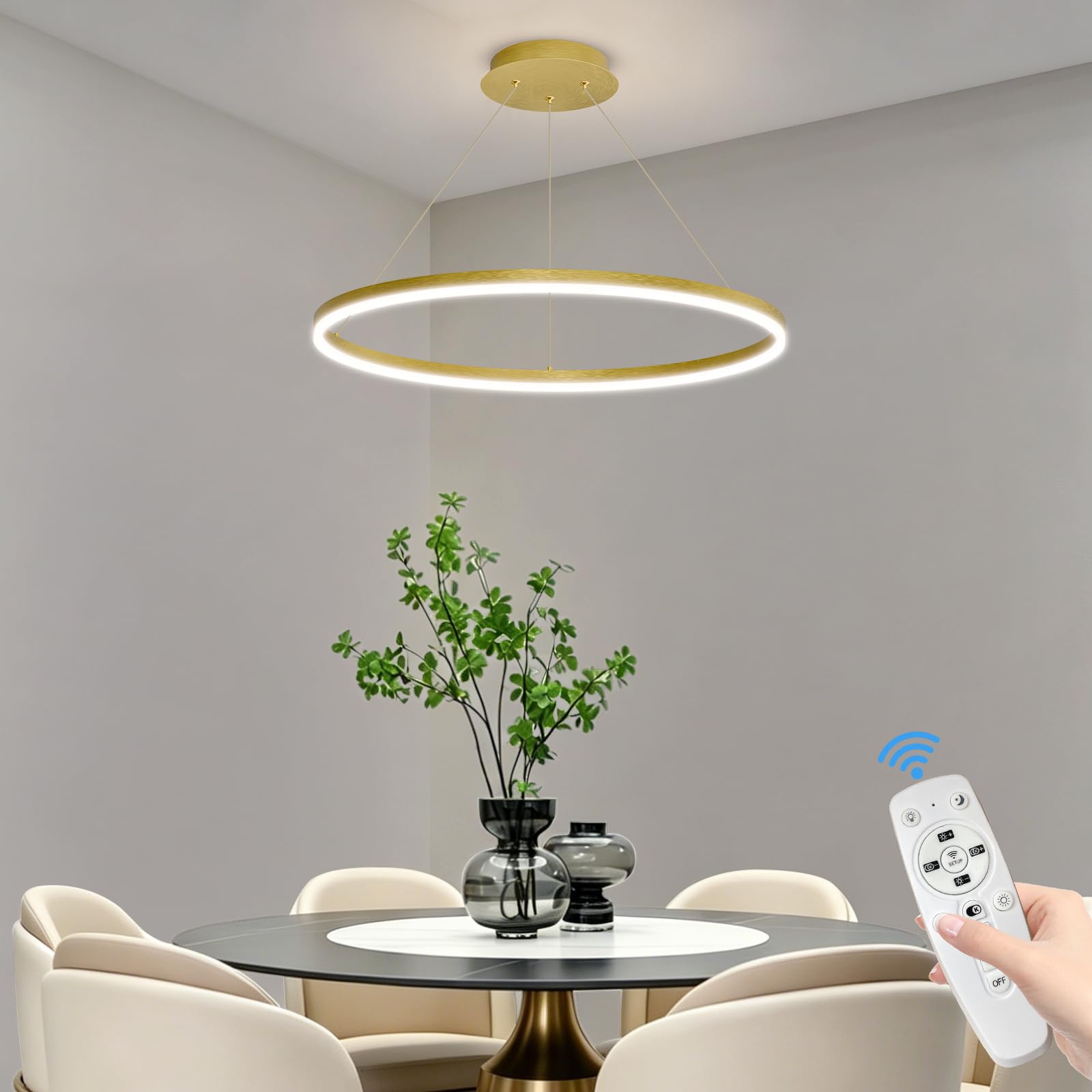 Mikeru 40cm Gold Chandelier with Remote Control, Dimmable Round Pendant Light 3000K/4500K/6500K, Memory Function, 1.5m Adjustable Height, Suitable for Dining Room, Kitchen Island, Living Room, Office