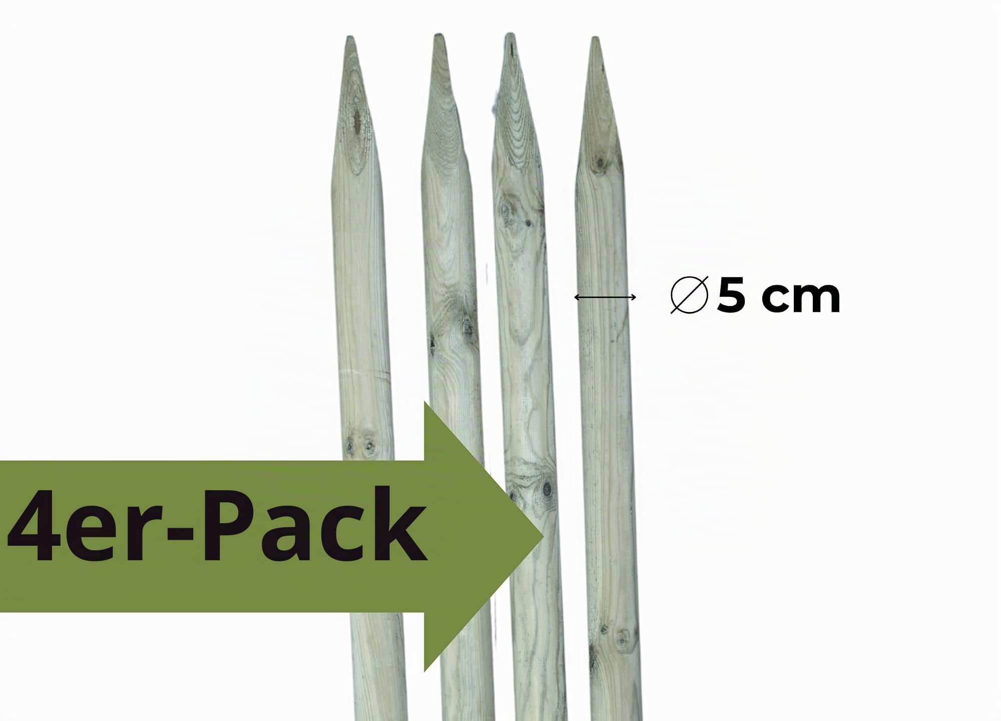 ø 5cm 4-Pack Spitze Holzpalisaden Länge: 200 cm Imprägniert Olivgrün Holzpfähle Garten Palisade Holz Baumpfahl Zaunpfosten Witterungsbeständig Weidezaunpfähle Gartenzaun