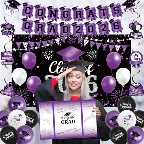 Image of Vlipoeasn Purple 2026 Graduation Party Decorations 2026 College /High School Graduation Decorations Party Supplies, Black and Purple Class of 2026 Congrats Grad Backdrop Banner Signature Book