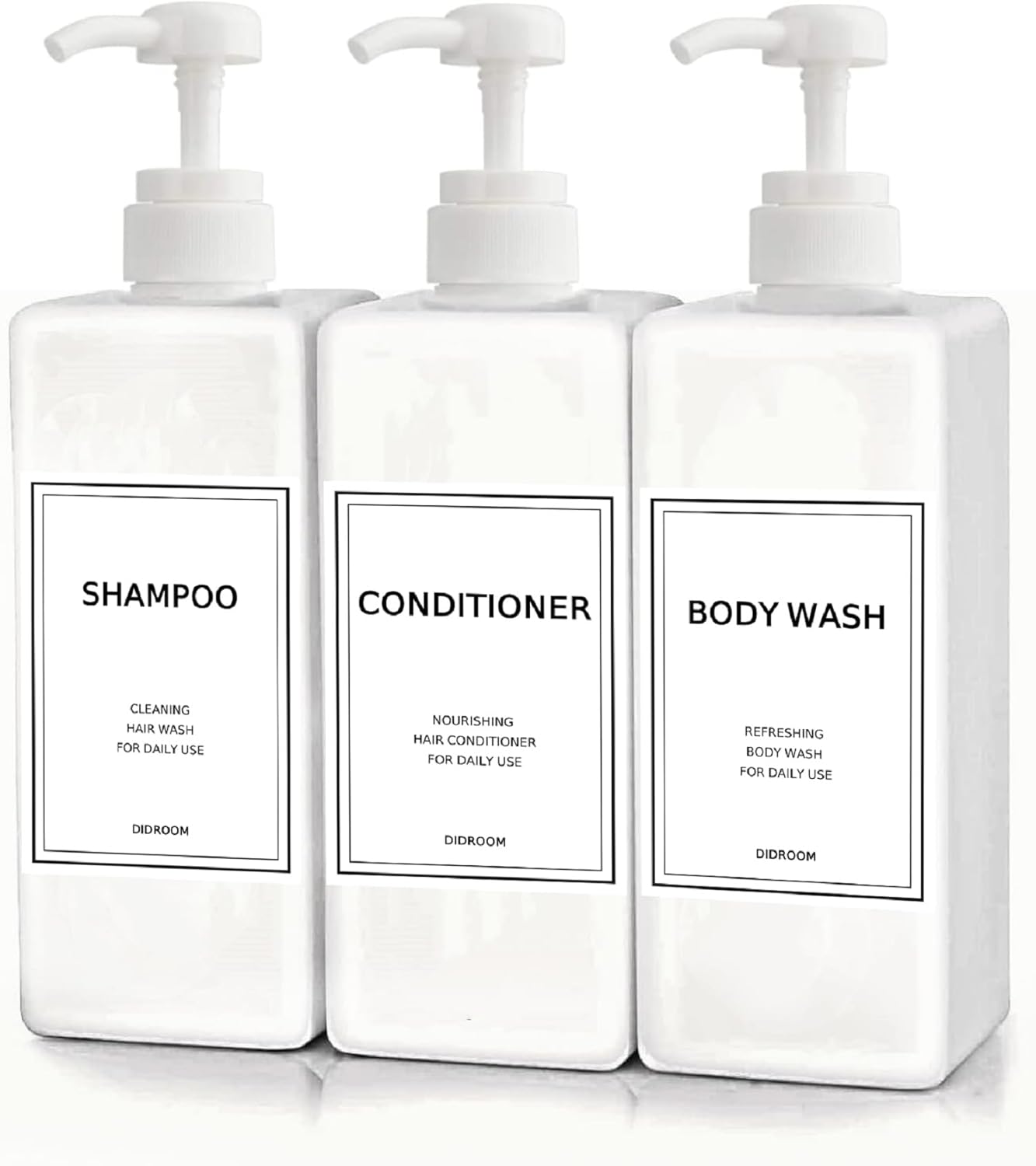 Modern Shampoo and Conditioner Dispenser (21 oz, Pack of 3) Refillable Pump Bottle Set Empty Shower Plastic Bottles with Pump for Bathroom Body Wash Soap and Shower