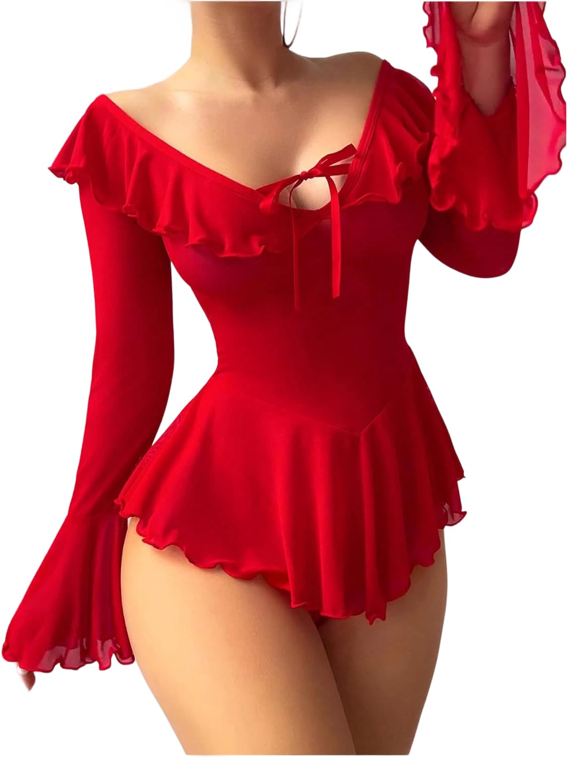 Neohouny Sexy Lingerie for Women Rave Outfits Clubwear See Through Lingerie Sets Bell Sleeve Ruffle Mesh Tops: Red Small