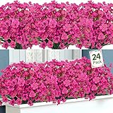 Ouddy Decor 24 Bundles Artificial Flowers for Outdoors Faux Plastic Plants Fake Flowers UV Resistant Greenery Shrubs for Garden Porch Window Box Home Decor (Rose Red)