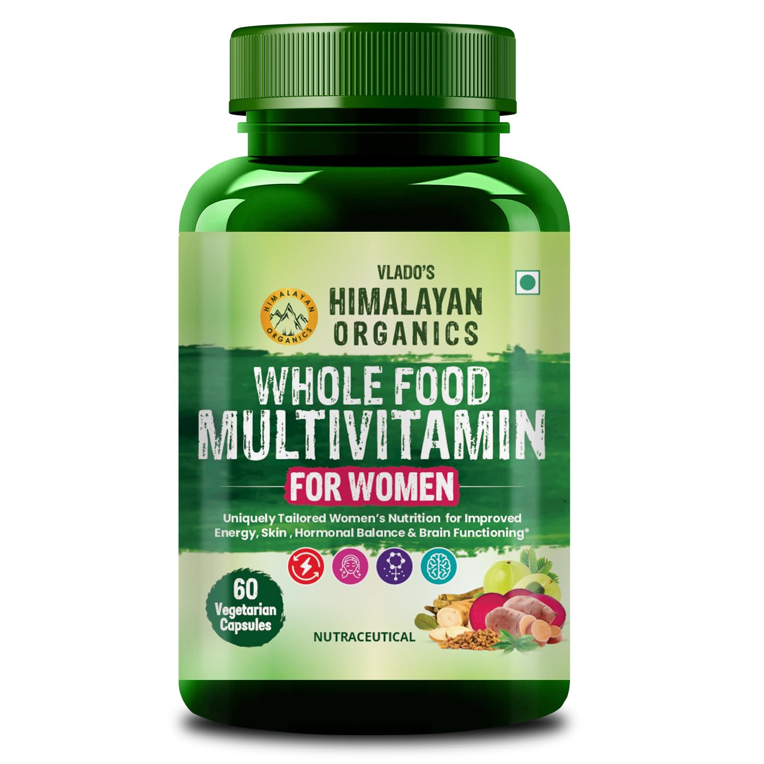 Vlado's Himalayan Organics Whole Food Multivitamin For Women With Vitamin B1, B2, B3, B5, B6, B7, B9, B12, C, D, E, Calcium, Magnesium, Zinc | Smooth Digestion | Good For Brain & Bone Health | Boost Energy - 60 Veg Capsules