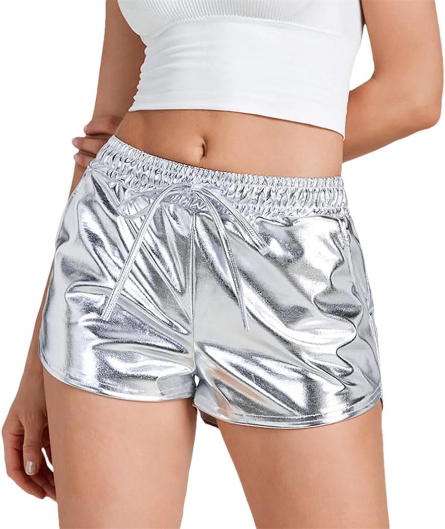 Women's Sparkly Shorts Drawstring Elastic Waist Shiny Yoga Dance Pants Korean Punk Shorts