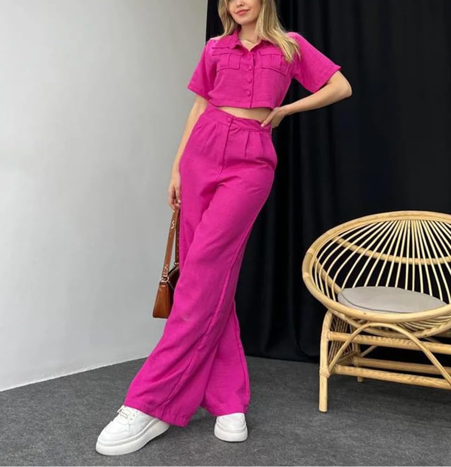 Wjnvfioo Crop Tank Top Wide Leg Pants Set Summer Vintage Boho High Waist Loose Work Suit4