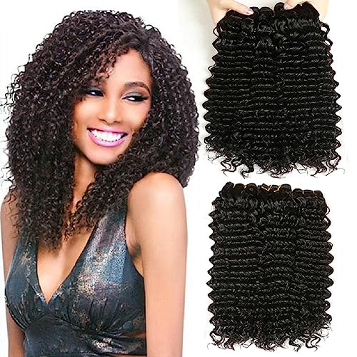 Deep Wave Human Hair Bundles Brazilian Virgin Hair Curly Bundles Pelo Natural Humano Rizado Pelo Rizado Natural Cabello Humano Ondulado Color Negro Nnatural 300g 14 14 14 Pulgadas