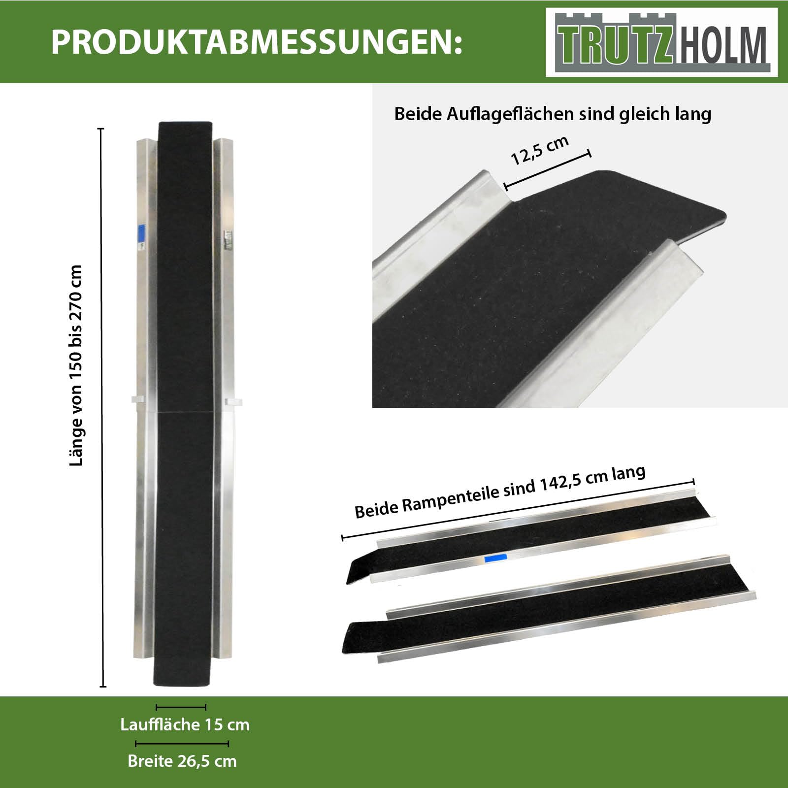 TRUTZHOLM Auffahrampe Aluminium zusammensteckbar 150-270 cm verstellbar 50 kg Treppenrampe Auffahrschiene für E-Bike Mofa Fahrrad mit Friktionsbeschichtung schwarz/grau