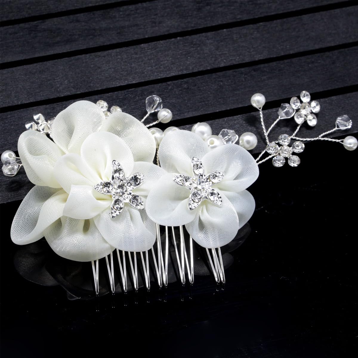 2 PCS Bride Wedding Flower Hair Comb Pearl Flower Rhinestone Hair Pins Handmade Bridal Bridesmaid Headpiece Stylish Elegant Floral Hair Pieces for Women and Girls Hair Jewelry Side Accessories - Image 3