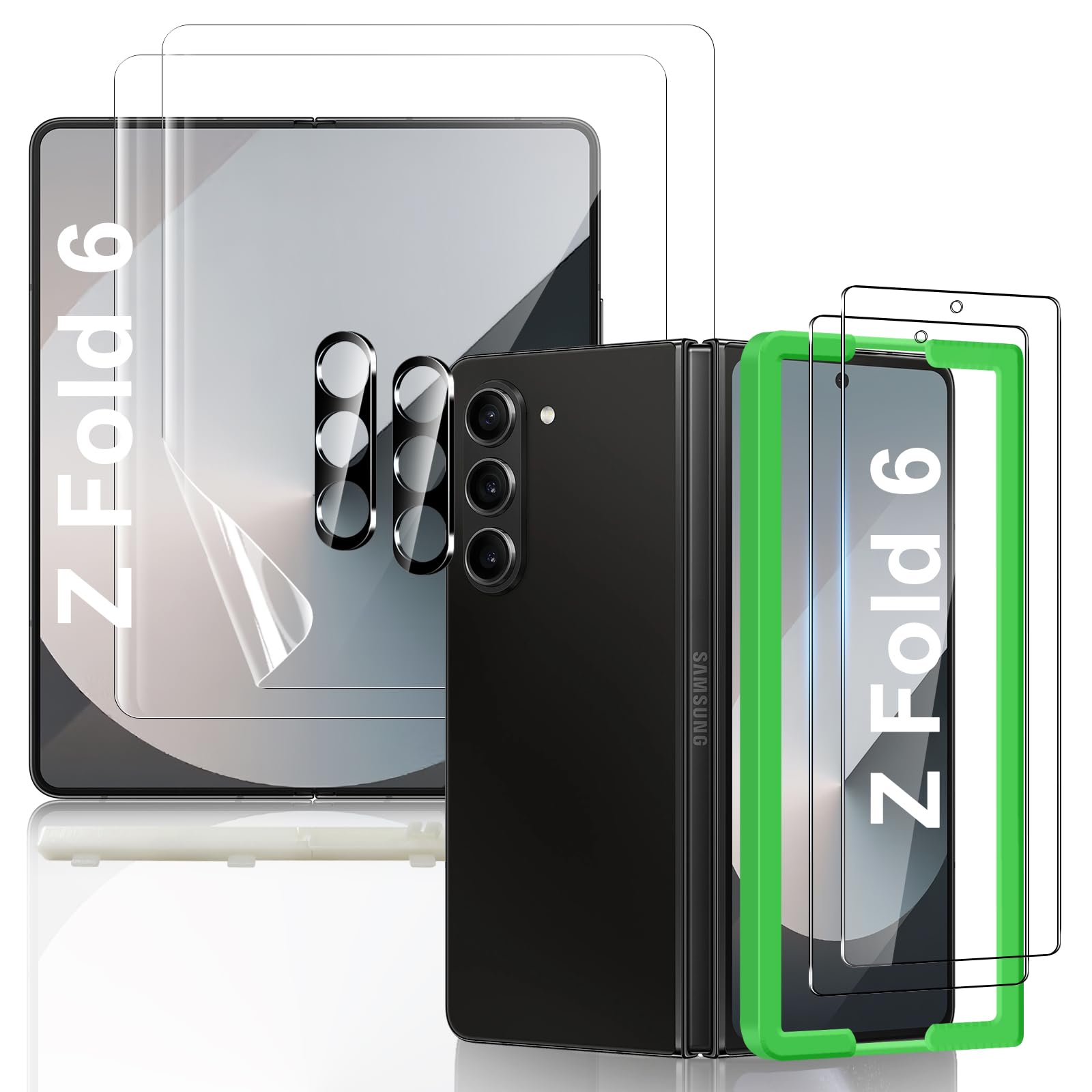 JEHOO [2Set 6PCS] Screen Protector for Galaxy Z Fold 6, 2 Inner TPU Films + 2 Outer Tempered Glass + 2 Camera Lens Protecters with Positional Mouting Frame, High Clarity, Anti-Shatter