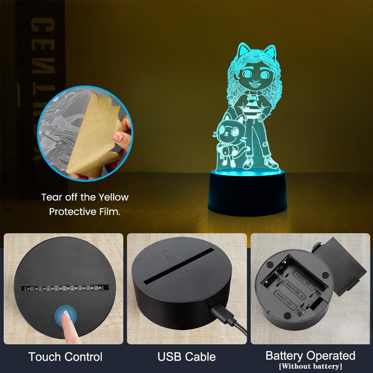 Luce Notturna Bambini Gabby, Lampada Camera da Letto Dollhous, 3D LuceNotturna LED, Regali Compleanno per Ragazza, Ragazzo