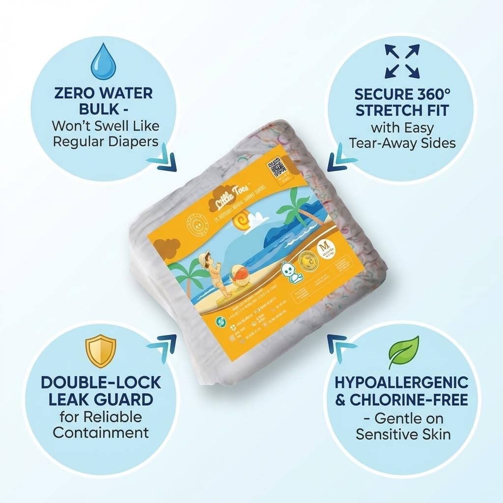 Little Toes Premium Natural Disposable Swim Diapers, Size 3-4 Medium (20-30 lbs) (24 Count) | Baby Disposable Swim Diapers | Hypoallergenic, Chlorine & Fragrance-Free | Gentle on Sensitive Skin