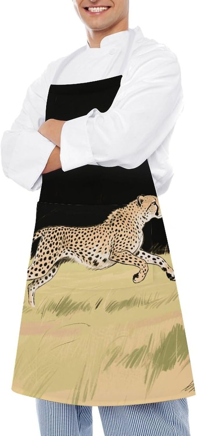 Running Cheetah Apron Adjustable Chef Apron with Pocket for Men Women Waterproof Bib Apron Durable Cooking Apron for BBQ Baking Kitchen Cooking Apron