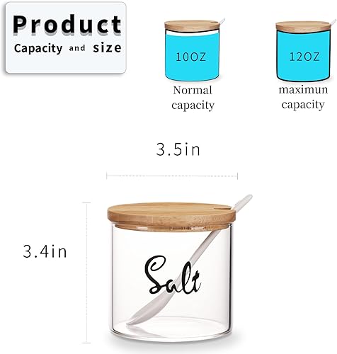 Miniatura 2 de Recipiente de sal de vidrio transparente con cuchara para servir y tapa de bambú, recipientes para encimera de cocina de granja, soporte dispensador